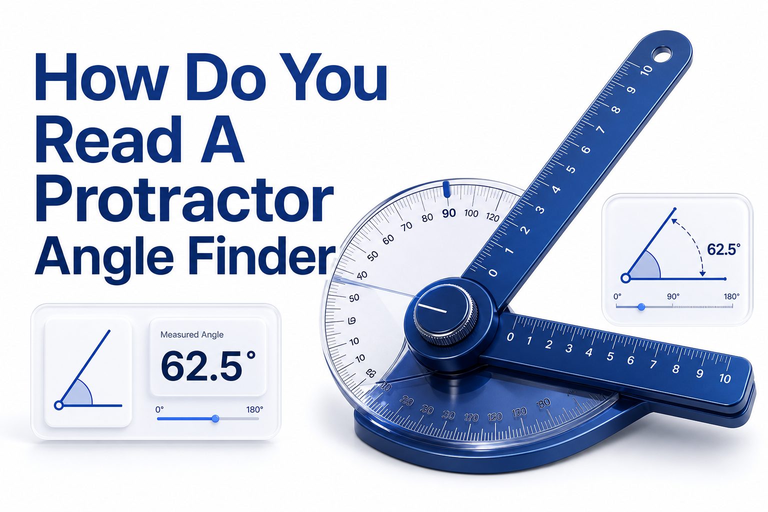 Person reading the degree scale on a protractor angle finder against a measured angle